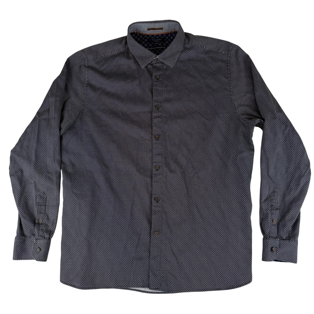 Ted Baker‎ Button Down Shirt Mens 6 XL Navy Blue Geometric Micro Dot Long Sleeve